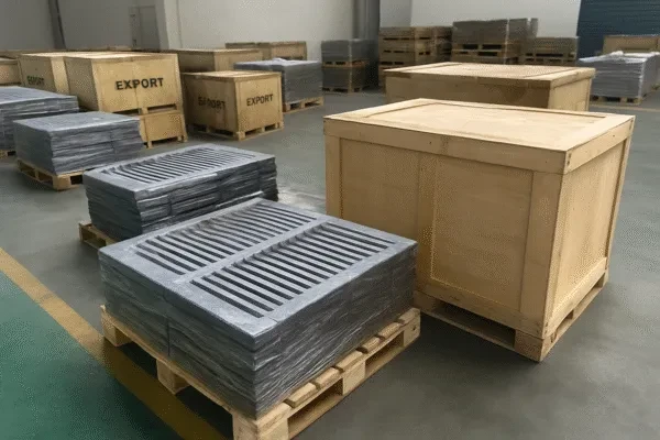Export-ready crates of grate bars prepared for global shipment in a clean warehouse