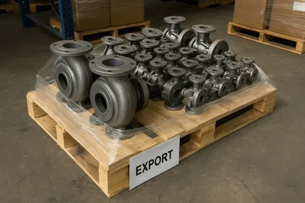 Export pallet with stainless steel pump casings and valve body castings shrink-wrapped for shipment.
