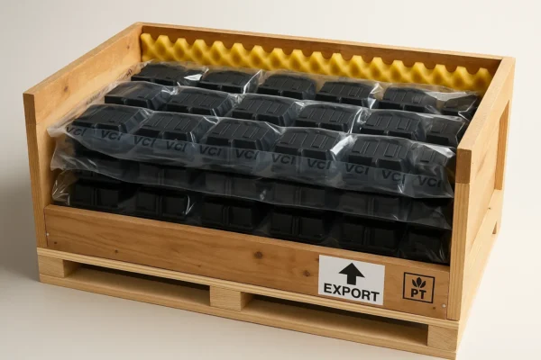 Export packaging example: custom parts protected with foam and secured inside a wooden crate for international shipment.