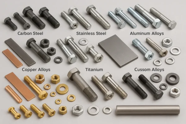 Assorted metal fasteners made from various materials arranged neatly.