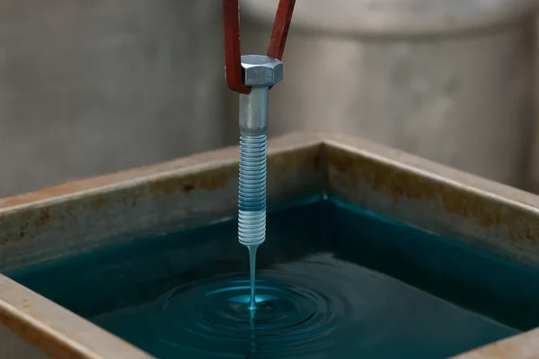 Metal bolt being electroplated in a blue chemical bath, suspended by a red hanger over a rectangular treatment tank.
