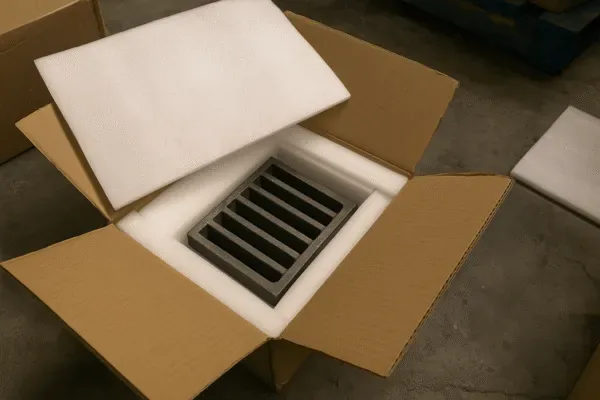 Industrial packaging of heat-resistant grate bars prepared for export with layered foam and protective wrapping.