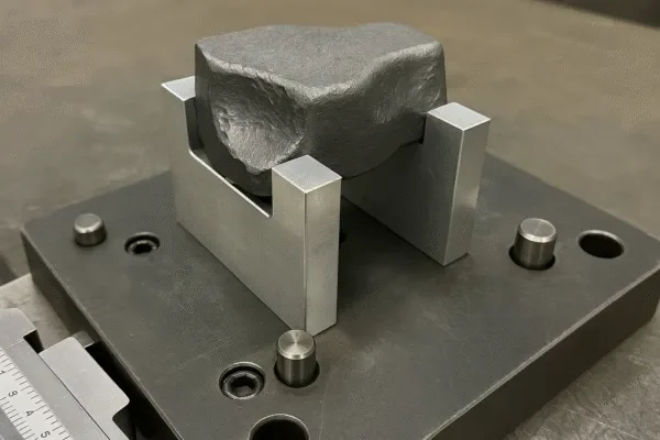 Forged steel billet held in an inspection fixture on a fixture plate for dimensional quality control