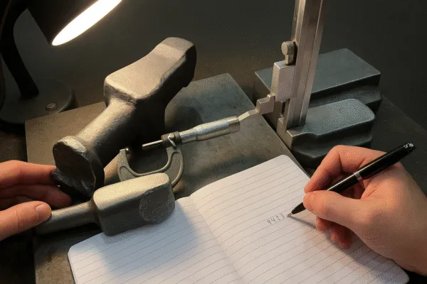 Micrometer inspection of a forged metal component with measurement results recorded for quality control.