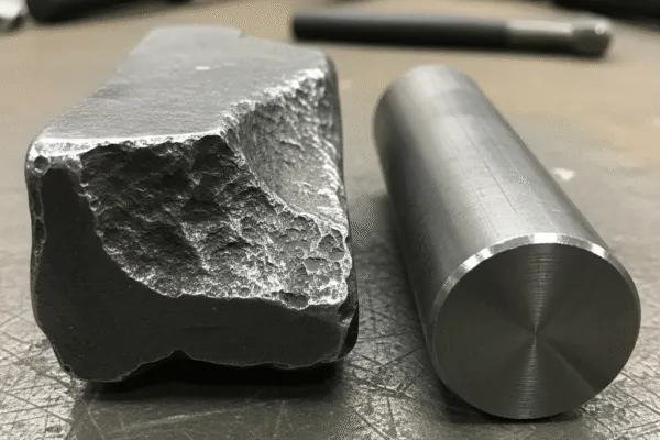 Rough forged steel billet beside a smooth machined round bar, showing forging vs CNC machining stock.