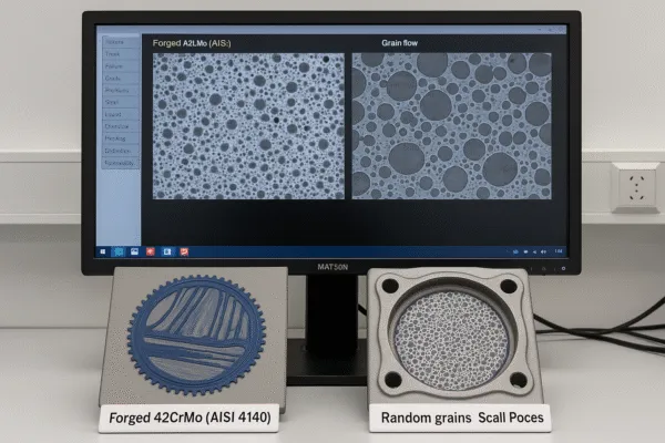 Microstructure comparison on a lab monitor showing grain flow in forged 42CrMo (AISI 4140) versus random-grain structure in a cast sample.