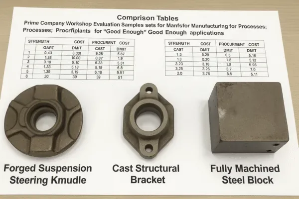 Forged vs cast vs fully machined steel parts comparison with cost and strength tables (steering knuckle, structural bracket, steel block)