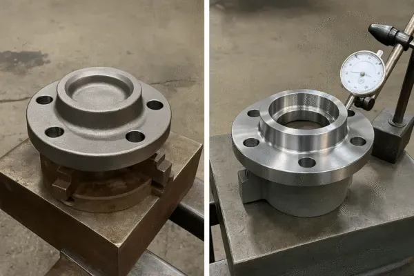 Side-by-side comparison of a forged metal flange blank and a CNC-machined flange with dial indicator inspection for precision machining quality.