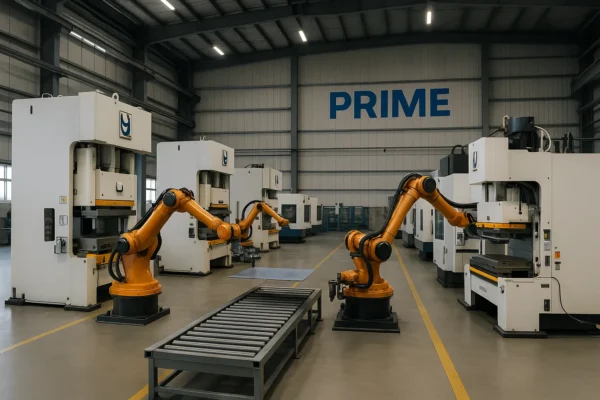 A modern PRIME metal stamping workshop featuring large automated stamping presses and robotic arms, with the PRIME logo displayed on the back wall in a clean, organized industrial environment.
