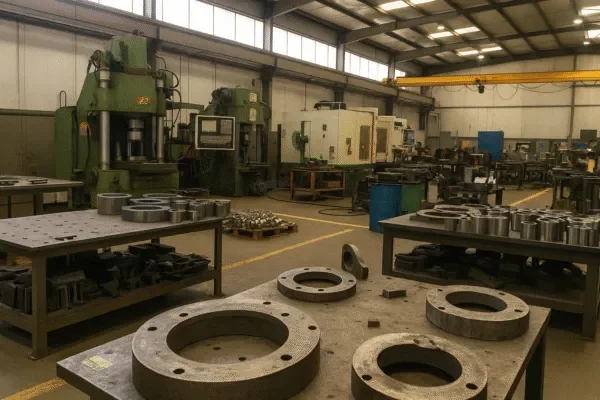 Industrial forging and machining workshop with steel rings and flanges staged on worktables for production.