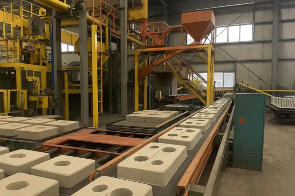 Foundry line producing coated sand molds for grate bar casting
