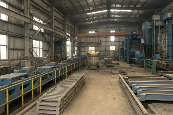 Foundry workshop producing heat-resistant grate bars using coated sand casting lines and alloy melting furnaces.