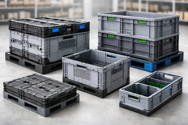 Plastic logistics crate component with snap-fit features and labeling areas for warehouse identification.