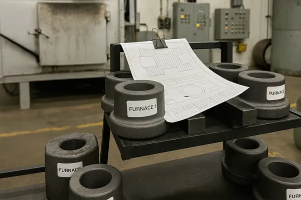 Heat treatment batch tracking for forged steel rings with furnace label and process drawing in a workshop