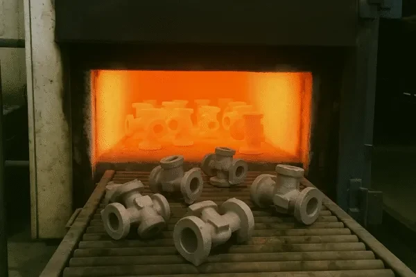 Heat treatment furnace with valve body castings on a roller conveyor exiting the hot zone for controlled cooling.