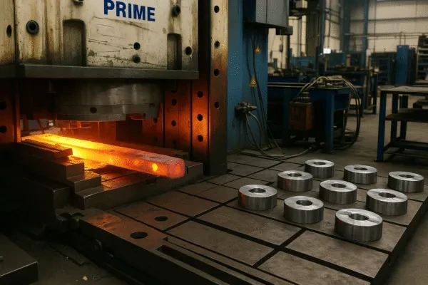 Hot forging press forming a glowing steel billet with forged ring blanks on a workshop table.