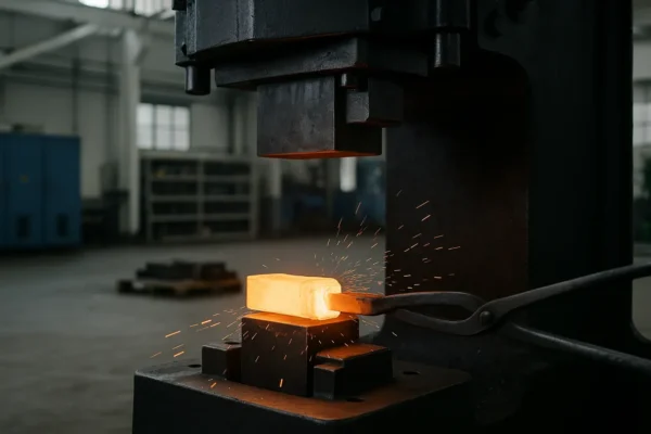Industrial forging press with hot steel billet