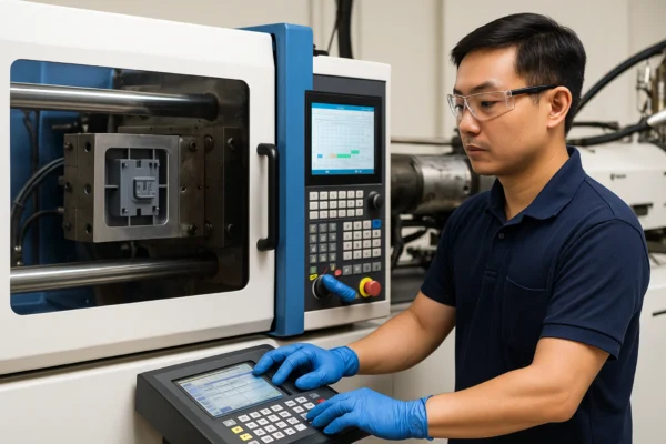 Injection molding process monitoring: operator verifying settings and tracking production stability for custom plastic components.