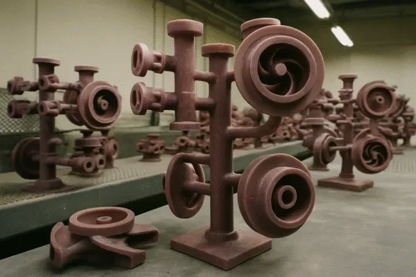 Investment casting wax pattern tree with impeller and flange patterns assembled for the lost-wax casting process.