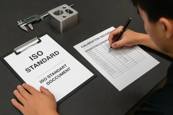 Close-up of ISO-compliant documentation and calibration records on a workstation