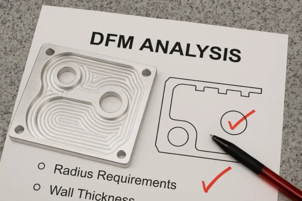 DFM optimization sheet highlighting CNC-friendly radii and wall thickness guidelines