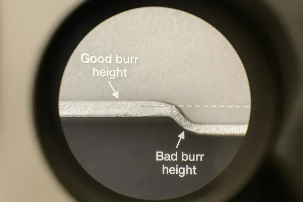 Metal stamping burr height inspection under microscope showing good vs bad burr height on a sheet metal edge