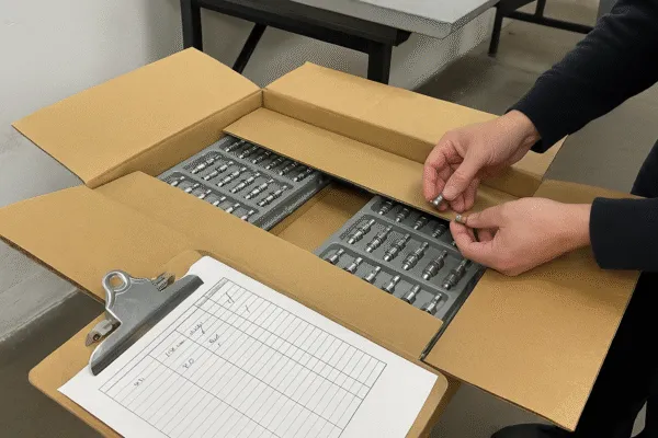 Final inspection of custom metal stamping parts during packaging, with checklist and tray verification