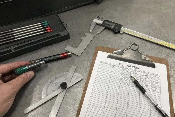 Metal stamping quality control setup with control plan checklist, digital calipers, gauges, and inspection tools on a workbench