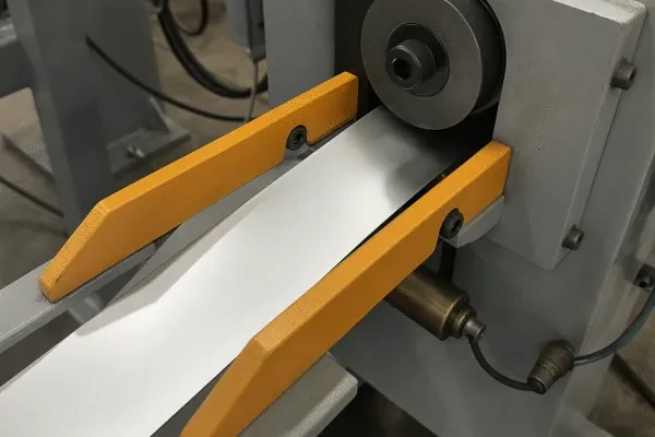 Metal strip feeding through guide rails and rollers on a stamping line, showing controlled material handling before forming.
