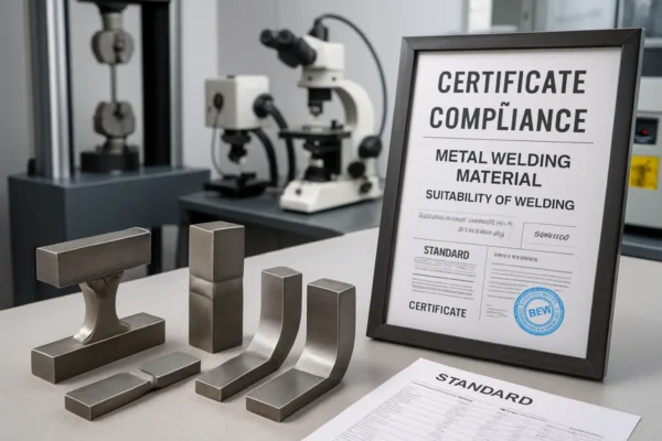 Welding material certification with metal test samples in a laboratory setting.