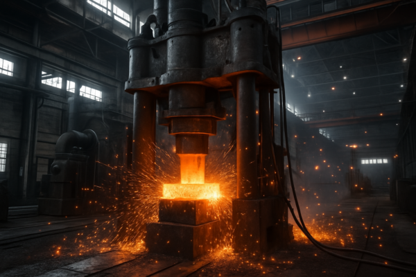 Forging production process: controlled heating, forming, trimming, and inspection steps