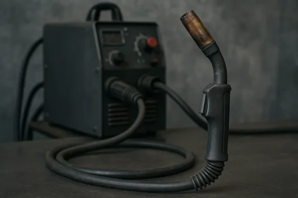 Close-up view of a MIG welding torch with a worn nozzle in front of a black welding machine.