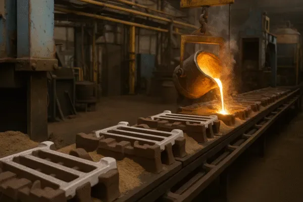 Industrial grate bar casting line using coated sand molds and molten alloy processing for high-temperature furnace systems.