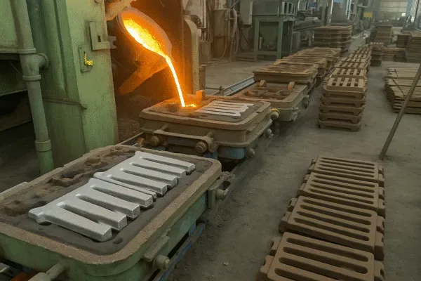 RCS casting line producing heat-resistant grate bars with molded airflow slots in a foundry workshop.