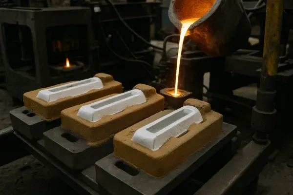 RCS molding line producing heat-resistant grate bars with coated sand cores and controlled pouring
