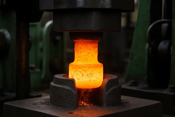 Hot forging press shaping a heated billet into a near-net forged preform