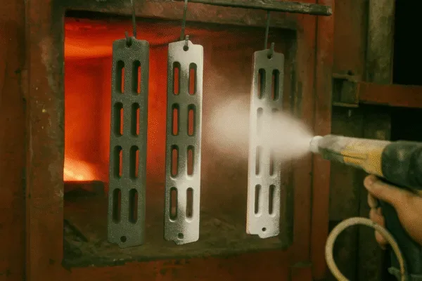 Grate bars undergoing high-temperature ceramic coating in an industrial workshop environment, improving heat resistance and surface durability.