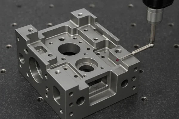 CNC precision machined component being inspected by a coordinate measuring machine (CMM) for use in a metrology system.