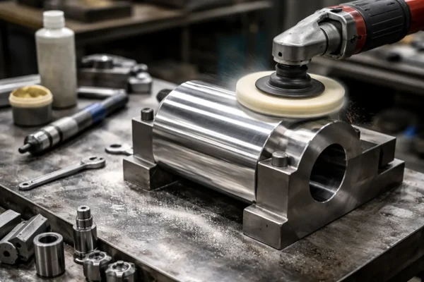 Mirror-polished metal surface with a raised cam lobe, showcasing precision machining details.