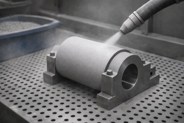 A high-resolution close-up photograph captures a sandblasting process on a matte gray metal component, showing the abrasive stream from the nozzle and the resulting textured surface.