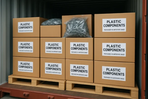 Plastic components packaged in anti-static bags, loaded into a shipping container for global export.