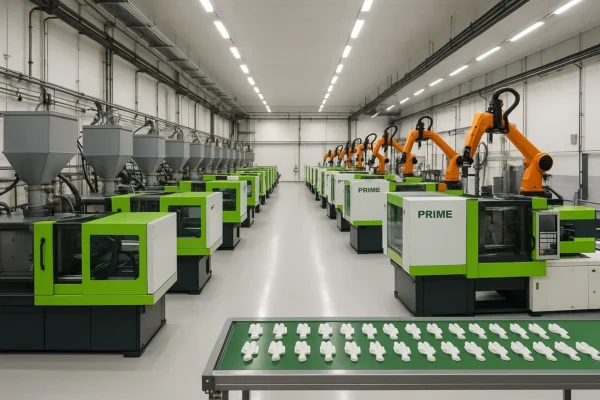 Wide-angle view of PRIME's plastic production workshop with rows of automated injection machines and raw material storage bins.