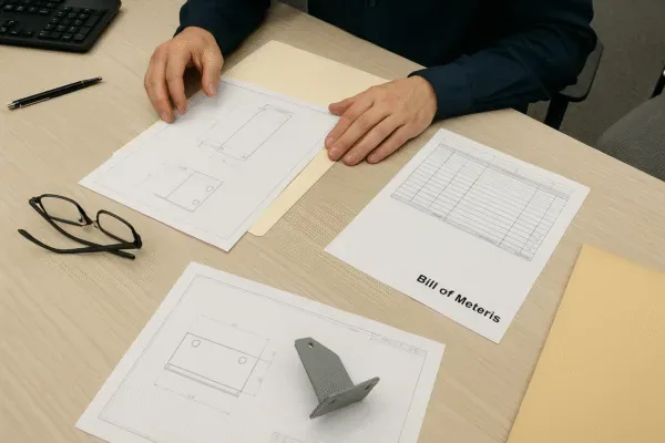Bill of Materials and engineering drawings with a sheet metal bracket sample on a desk for OEM project review