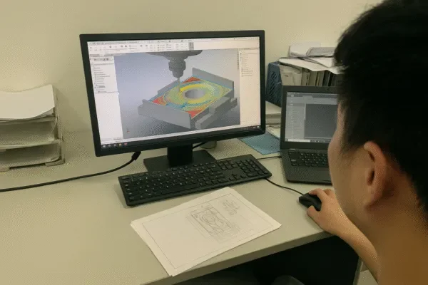 Engineer reviewing CNC toolpath simulation in CAD/CAM software with technical drawing on the desk