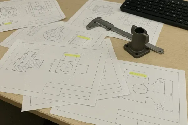 Mechanical engineering drawings with metal prototype part and caliper on a work desk