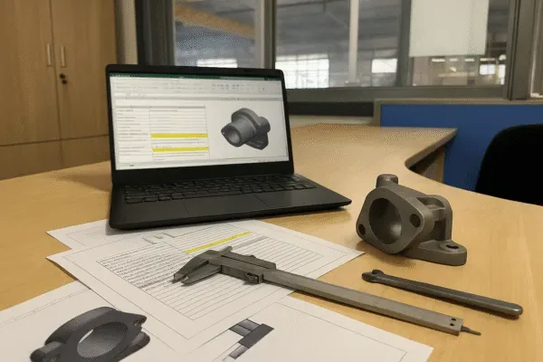 Laptop showing 3D CAD model with caliper and machined metal part on engineering desk