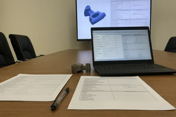 Engineering review meeting room with laptop, monitor showing 3D CAD model, and inspection documents on table