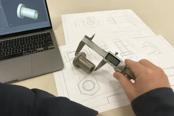 Digital caliper measuring a CNC machined metal part on technical drawings beside a laptop CAD model
