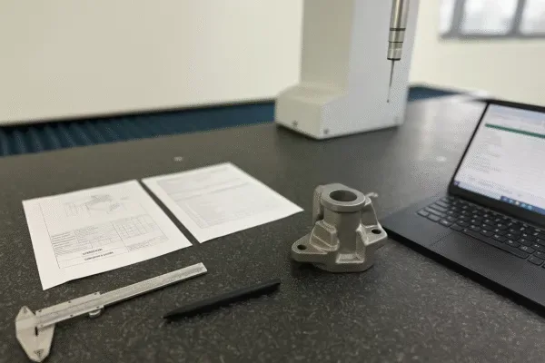 CMM inspection setup with machined metal part, caliper, inspection documents, and laptop on granite table