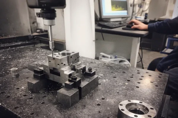 CMM probe measuring a CNC machined part in a fixture on a granite inspection table with measurement software on screen